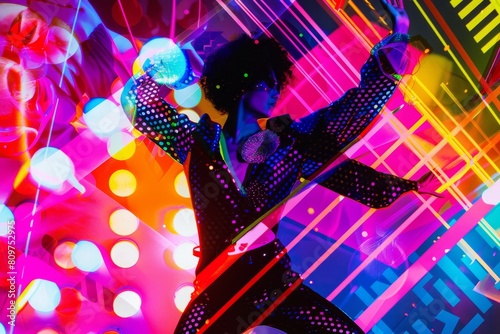 A woman in a black outfit energetically dances on a stage, showcasing a blend of disco and modern fashion