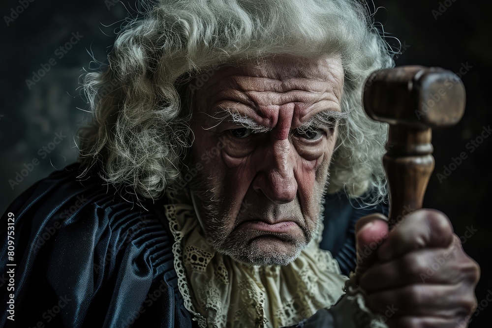 Grumpy Old Judge Face Closeup, Evil Judge with Hammer and Wig, Wicked Lawyer Portrait Grumpy Old Judge Face Closeup, Evil Judge with Hammer and Wig, Wicked Lawyer Portrait