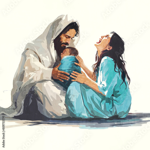 Jesus comforts a baby and mother