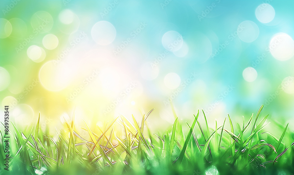 Blurred spring background with green grass and blue sky, Spring nature blurred background with bokeh effect. Vector illustration of spring background with copy space for text, banner design