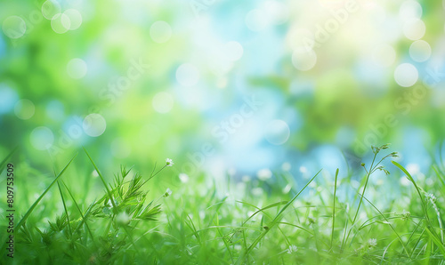 Blurred spring background with green grass and blue sky  Spring nature blurred background with bokeh effect. Vector illustration of spring background with copy space for text  banner design