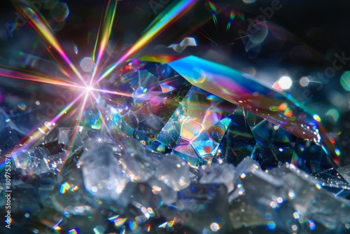 A close-up view of a bunch of shimmering diamonds creating radiant light flares against a dark background © Ilia Nesolenyi
