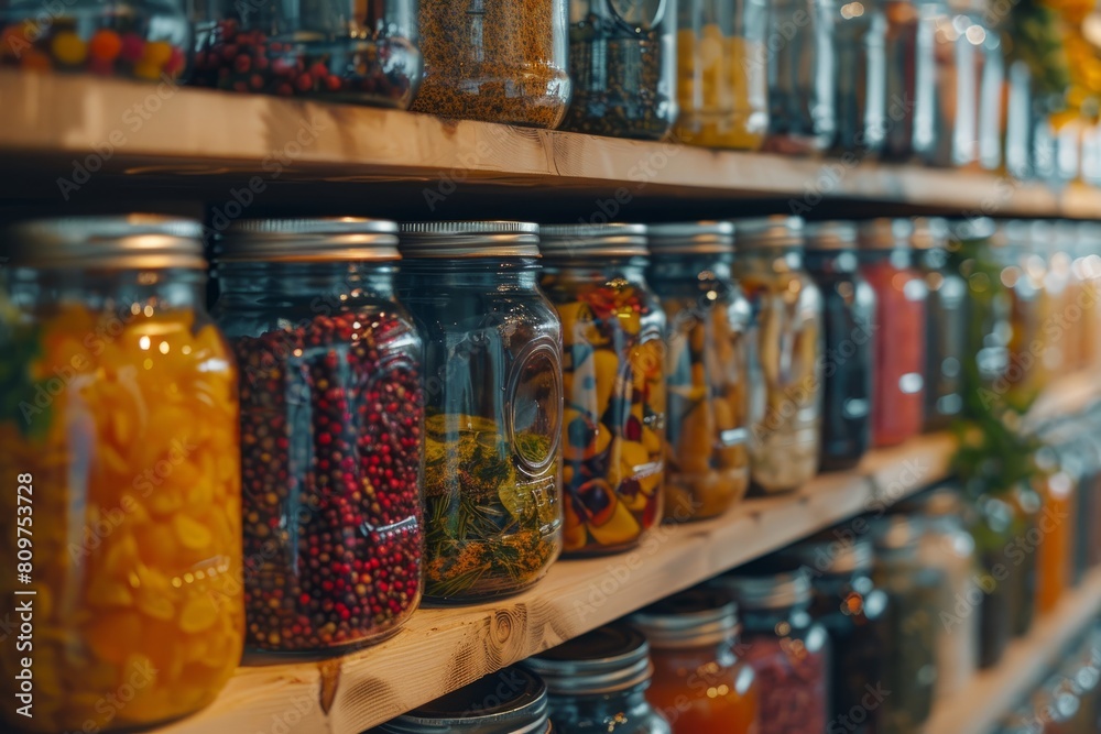Shelf filled with numerous glass jars containing assorted types of preserved foods