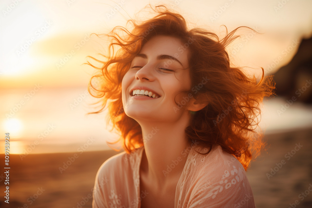 Portrait of calm happy smiling free woman with closed eyes enjoys a beautiful moment life on the beach at sunset. vacations time. travel concept