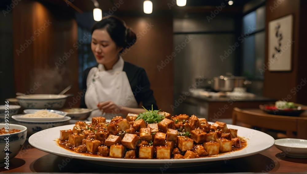 A beautiful American female chef placed a large plate of mapo tofu on a large round table. It had just come out of the oven, steaming hot and fragrant. There were spoons beside it, as well as other si A beautiful American female chef placed a large plate of mapo tofu on a large round table. It had just come out of the oven, steaming hot and fragrant. There were spoons beside it, as well as other si