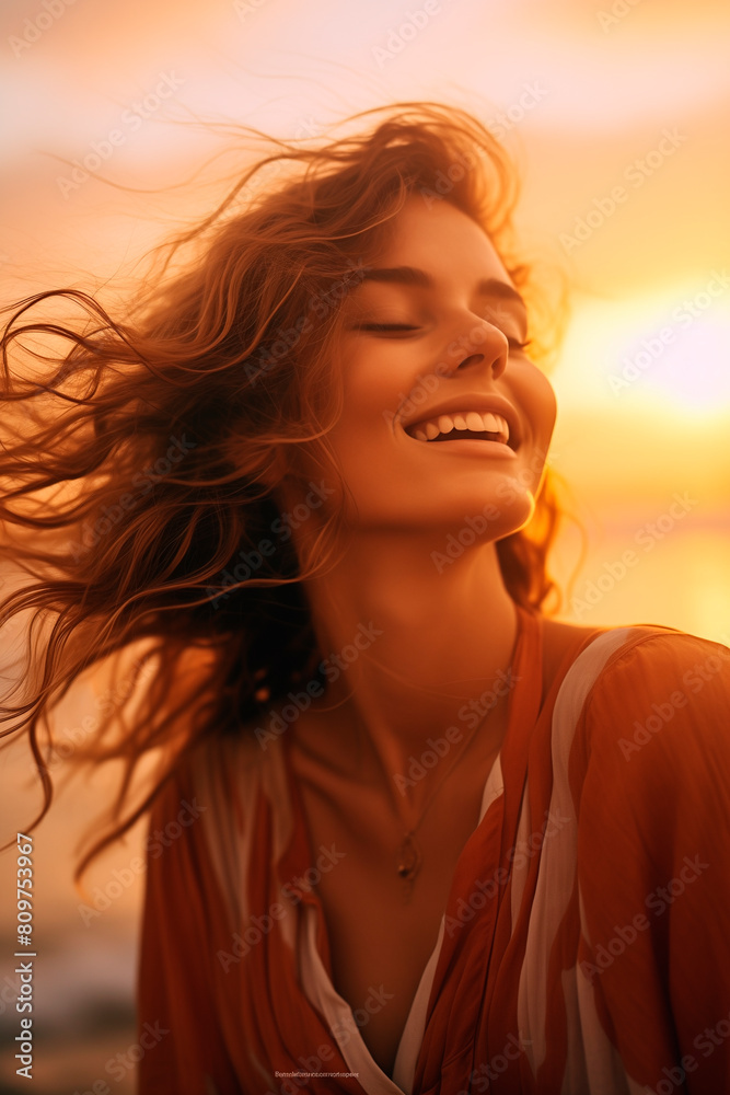 Portrait of calm happy smiling free woman with closed eyes enjoys a beautiful moment life on the beach at sunset. vacations time. travel concept