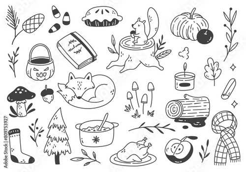 hand drawn cute autumn doodle outline