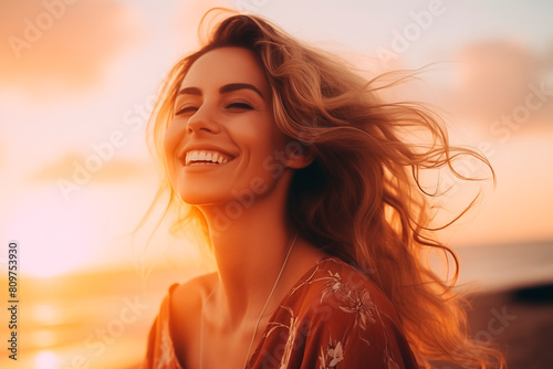 Portrait of calm happy smiling free woman with closed eyes enjoys a beautiful moment life on the beach at sunset. vacations time. travel concept