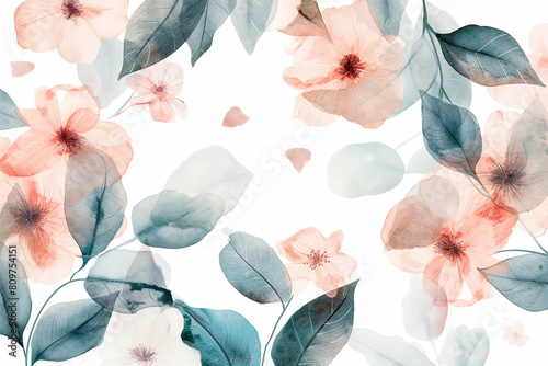 Watercolor pastel peach pink and teal leaves and flowers pattern on white background