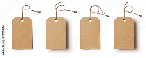 Four brown tags with string on white background.