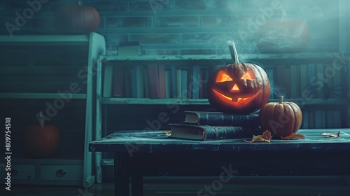 A dark and minimalist depiction of educational materials for a haunted school theme on Halloween photo