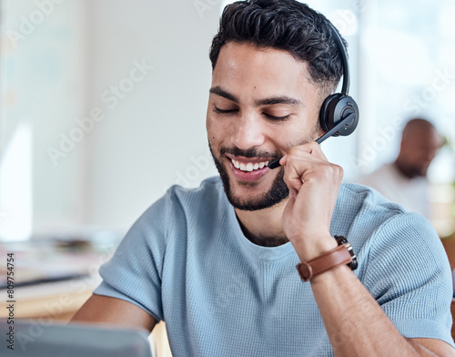 Canvas Print Happy, headset and man in call center for consulting, networking and communication in office