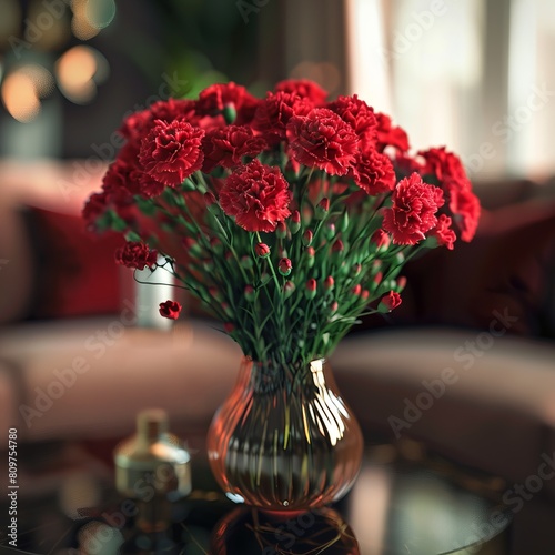 Red carnations in a vase on a table.