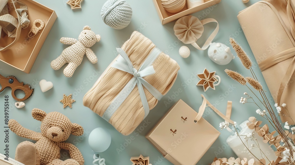A baby shower gift set with teddy bears and other items. A baby shower gift set with teddy bears and other items.