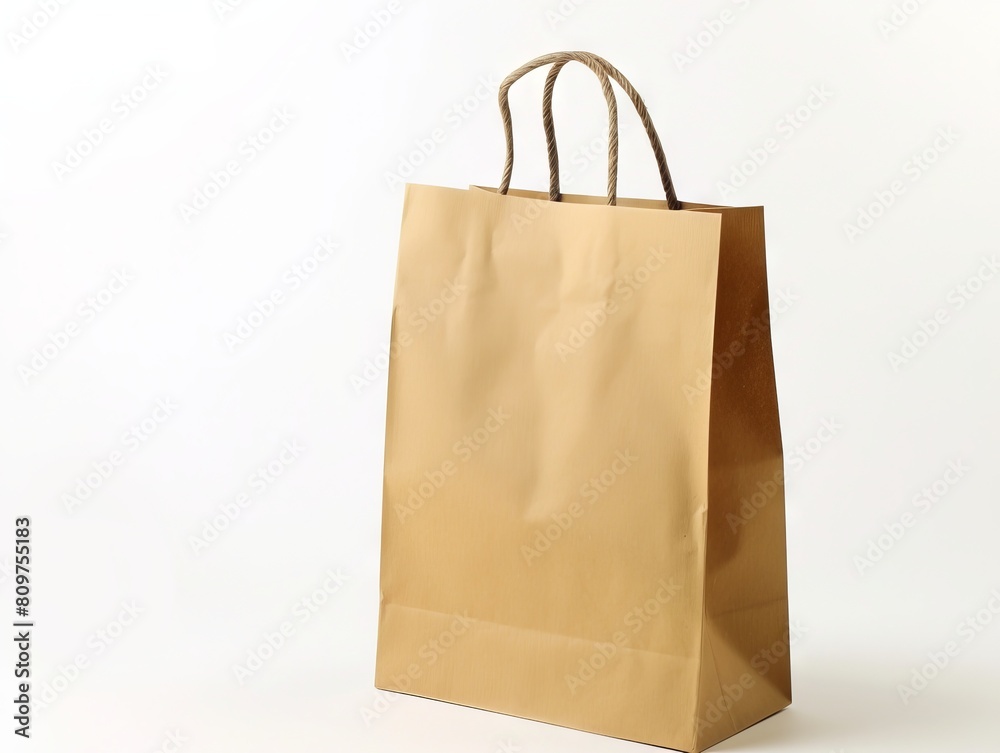 A brown paper shopping bag on a white background. A brown paper shopping bag on a white background.