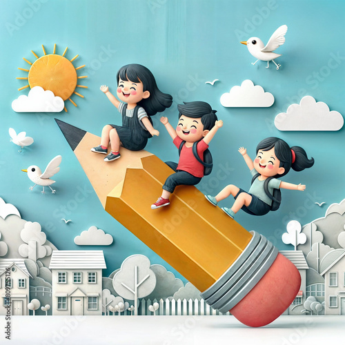 Children riding on top of a pencil sky background paper cut style concept children day vector design created with generative ai.
