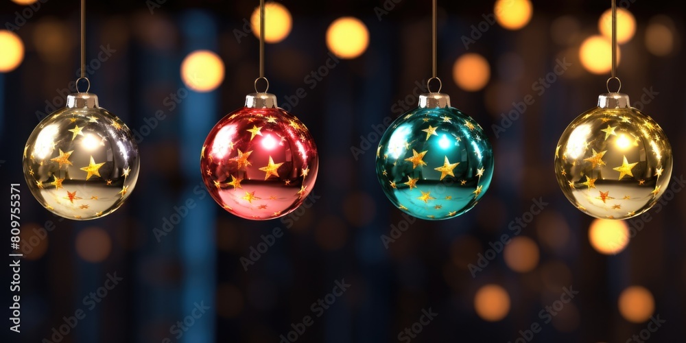 Fototapeta premium Four Christmas ornaments hanging from a string, each with a different color