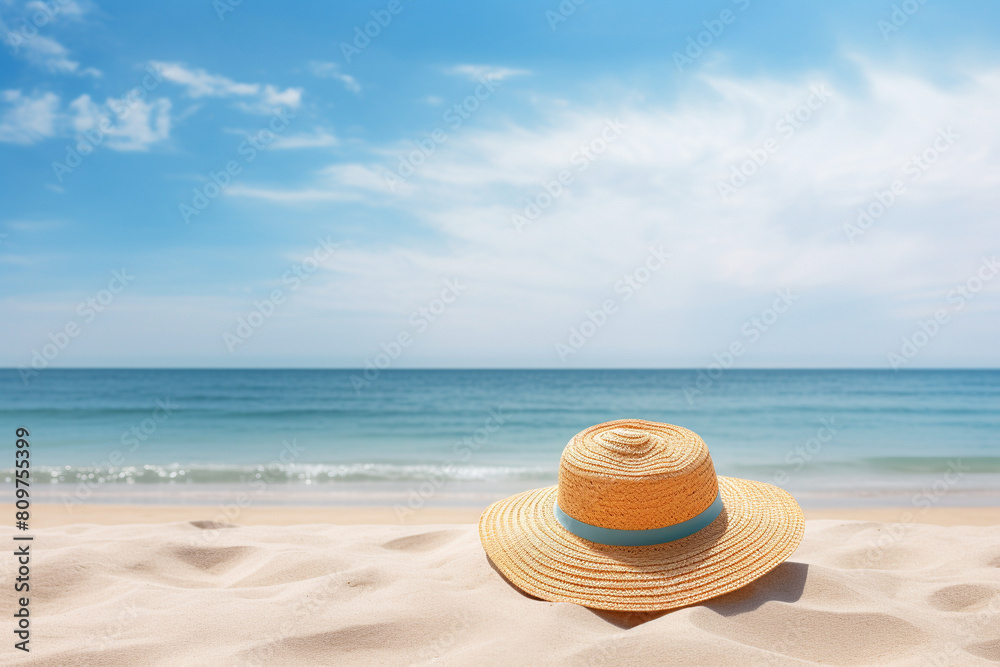 Straw hat on a beach sand, ocean background with copy space, holiday ...