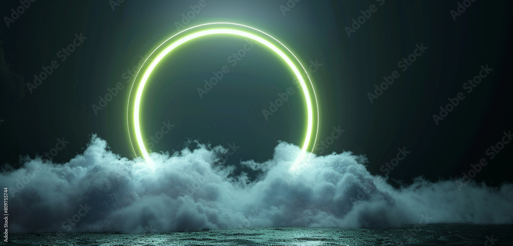 Dark sky lit by a glowing chartreuse neon ring, encircling a cloud in 3D. Dark sky lit by a glowing chartreuse neon ring, encircling a cloud in 3D.