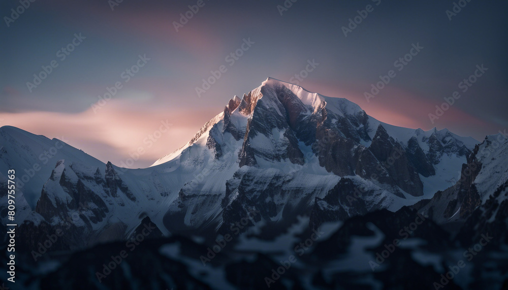 close up view of snow-covered rocky mountain peak. after sunset the lower parts of the mountain are dark and the peak is light
close up view of snow-covered rocky mountain peak. after sunset the lower parts of the mountain are dark and the peak is light