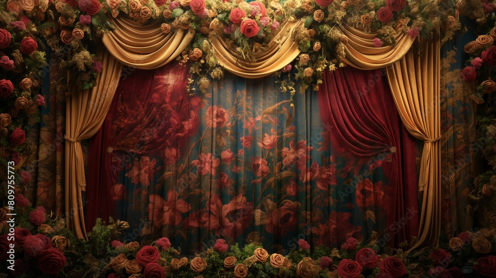 Baroque Opulent Floral Backdrop with Golden Scrollwork and Velvet Curtains Background