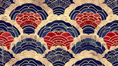 Art deco style scallop pattern in red and blue hues photo