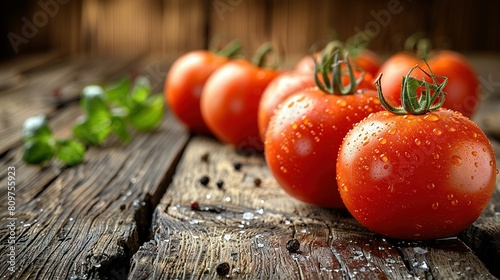   A quintet of tomatoes perched on a wooden table adjacent to a parsley sprig photo