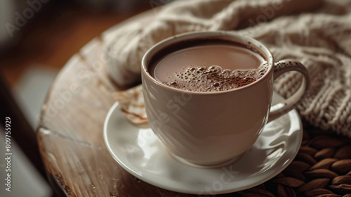 Cup of delicious cocoa on table closeup