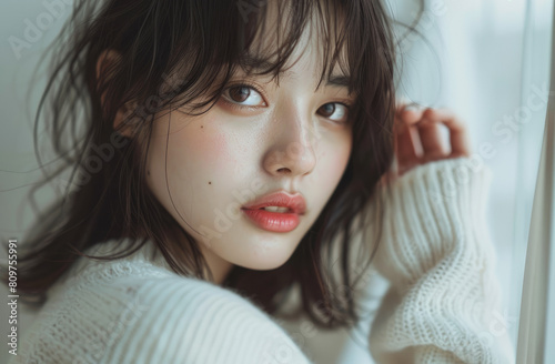 Japanese woman with medium length hair, bangs and a white sweater, posing for a photo, closeup of her upper body, natural makeup, light background