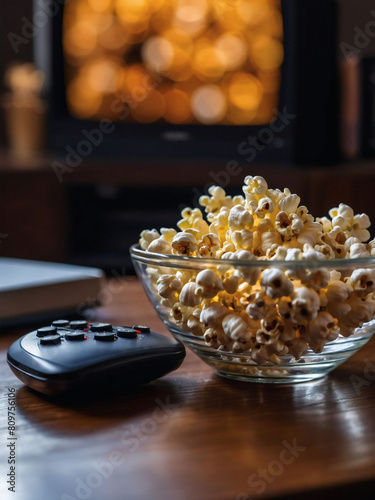 TV Relaxation, Glass Bowl of Popcorn, Remote Control on Table, Cable TV Vibes © xKas