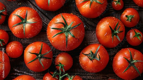   A close-up of several tomatoes with droplets of water on their tops and bottoms © Igor