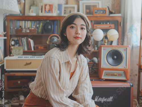 A young woman with short brown hair and a brown beret poses in front of a vintage stereo system. Generative ai.