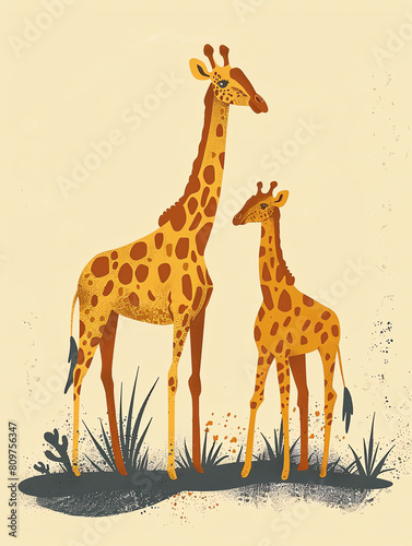 A tall giraffe stands next to its small giraffe in the savanna. Generative ai.