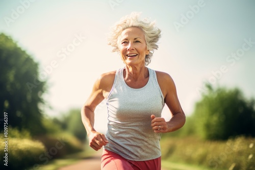 Joyful mature lady running outdoors on a sunny day, embracing a healthy lifestyle photo
