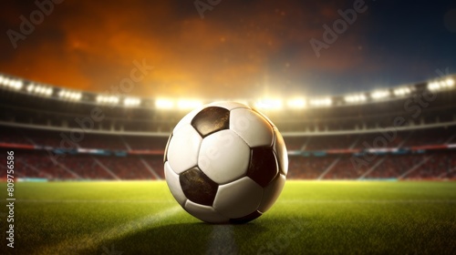 A worn soccer ball on the stadium grass with lights leaks © Dzmitry Halavach