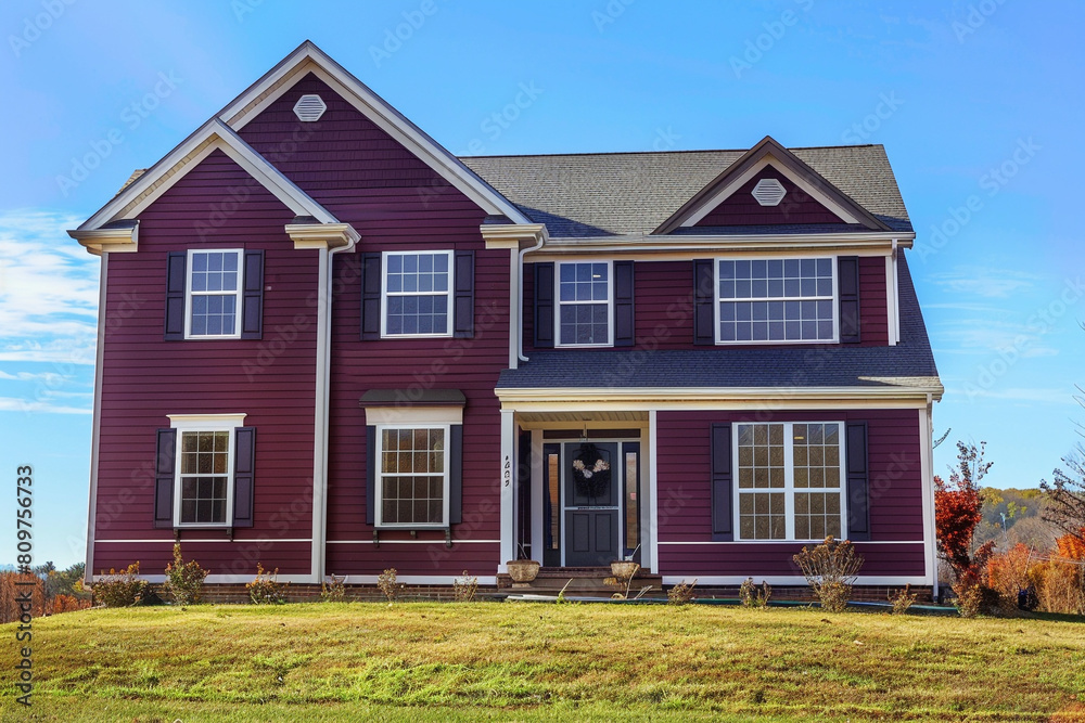 A rich burgundy house with siding, situated on a spacious lot in a suburban neighborhood, featuring traditional windows and shutters, under a clear blue sky.