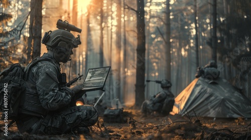 A man is sitting in the woods with a laptop open