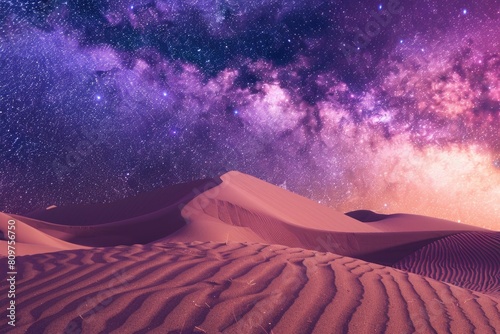 A desert landscape with a purple sky and stars photo