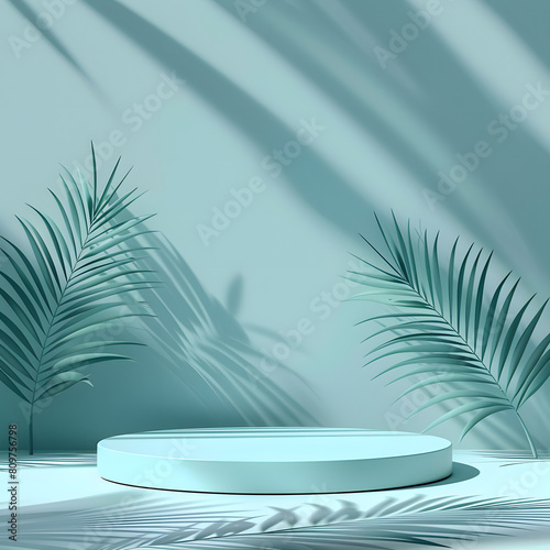 
Minimal cosmetic light Teal blue background and premium podium display for product presentation branding and packaging presentation. studio stage with shadow of leaf background. 