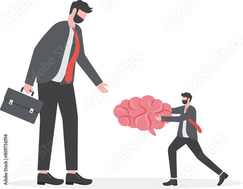 Selling brains. Small businessman gives brain to big man

