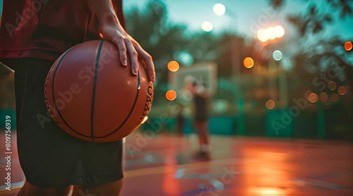 Man hand holding a basketball bal with blurred basketball court footage photo