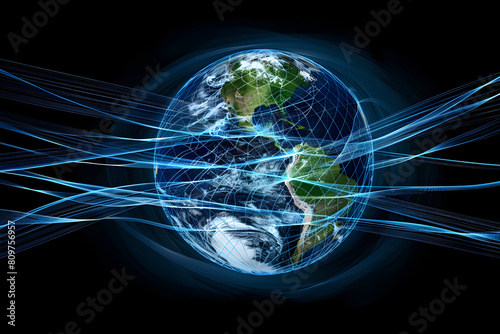Globe with dynamic blue light beams on dark background highlighting global connectivity