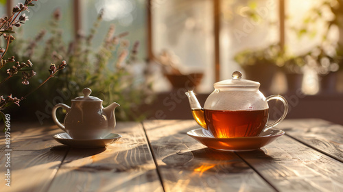 Cup of hot tea and teapot on table