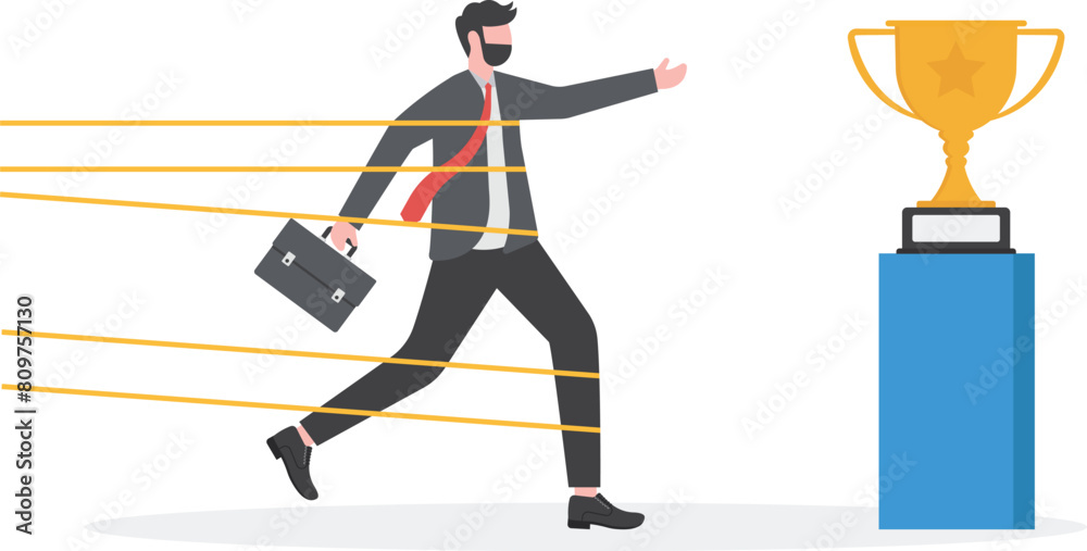 Obraz premium Be patient and try for success. Businessman tied up with tape and heading to grab trophy,