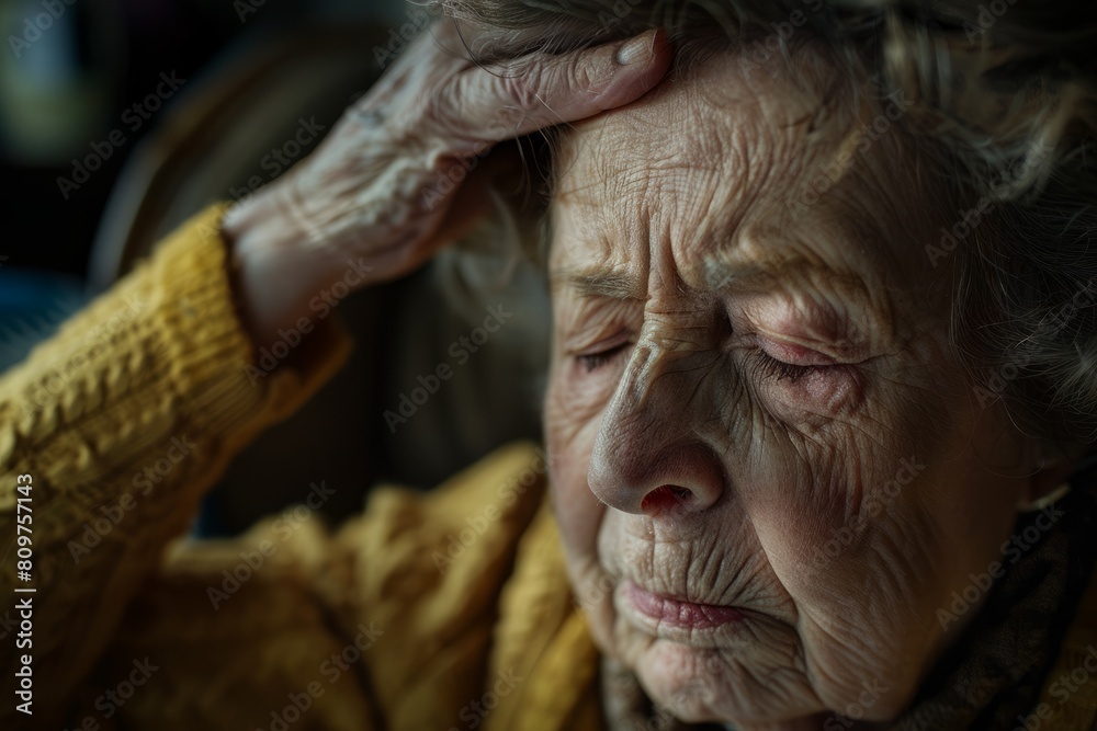 A senior Caucasian woman at home holding her head with her hands, eyes closed in apparent discomfort