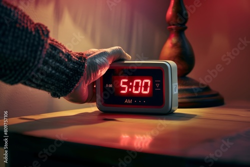 A hand is seen turning the time on a black digital alarm clock with a bright red display photo