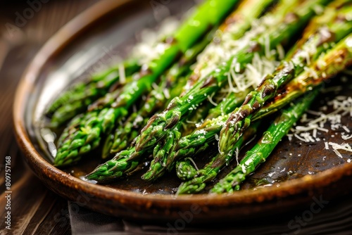 Closeup of chargrilled asparagus spears dusted with Parmesan cheese on a plate photo