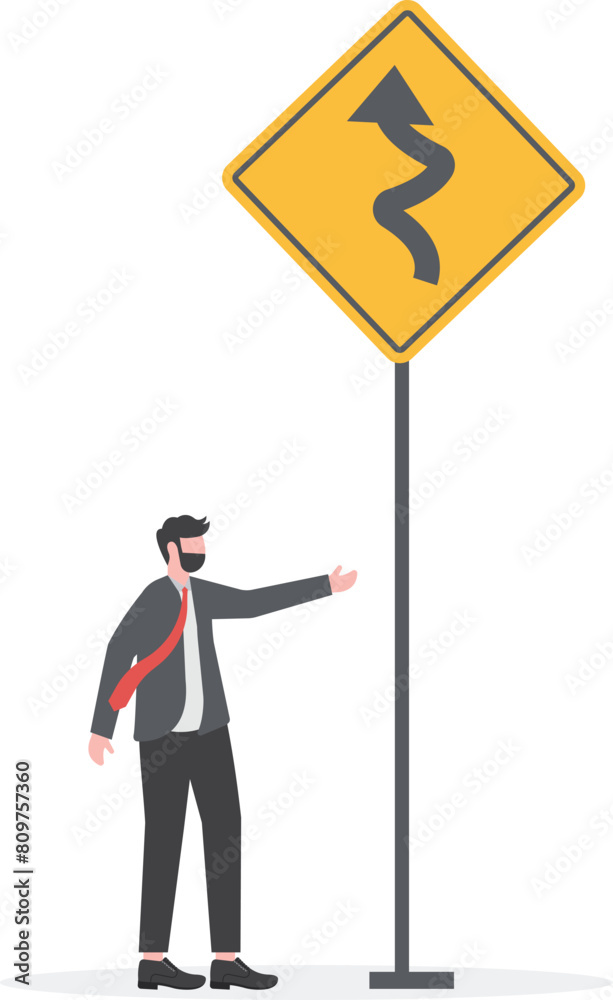 Choose a difficult path in life. Businessman makes decision with winding road sign
Choose a difficult path in life. Businessman makes decision with winding road sign