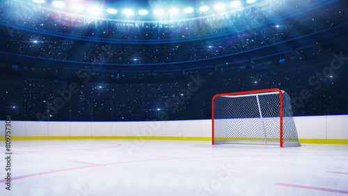 Ice hockey stadium from striker view with empty goal and cheering fans. Sports advertisement background as digital 3D illustration.	
