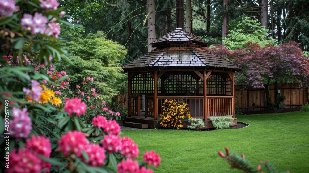 Fototapeta premium garden gazebo retreat, a tranquil backyard gazebo surrounded by trees and blossoms creates a serene escape to relax and enjoy the beauty of nature